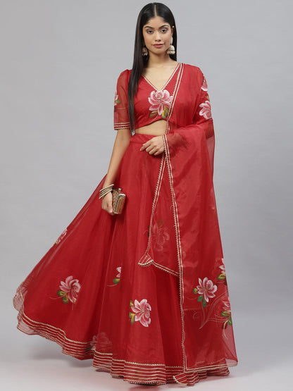  Red Hand Painted Organza Flared Lehenga Choli Set with Organza Dupatta -  world