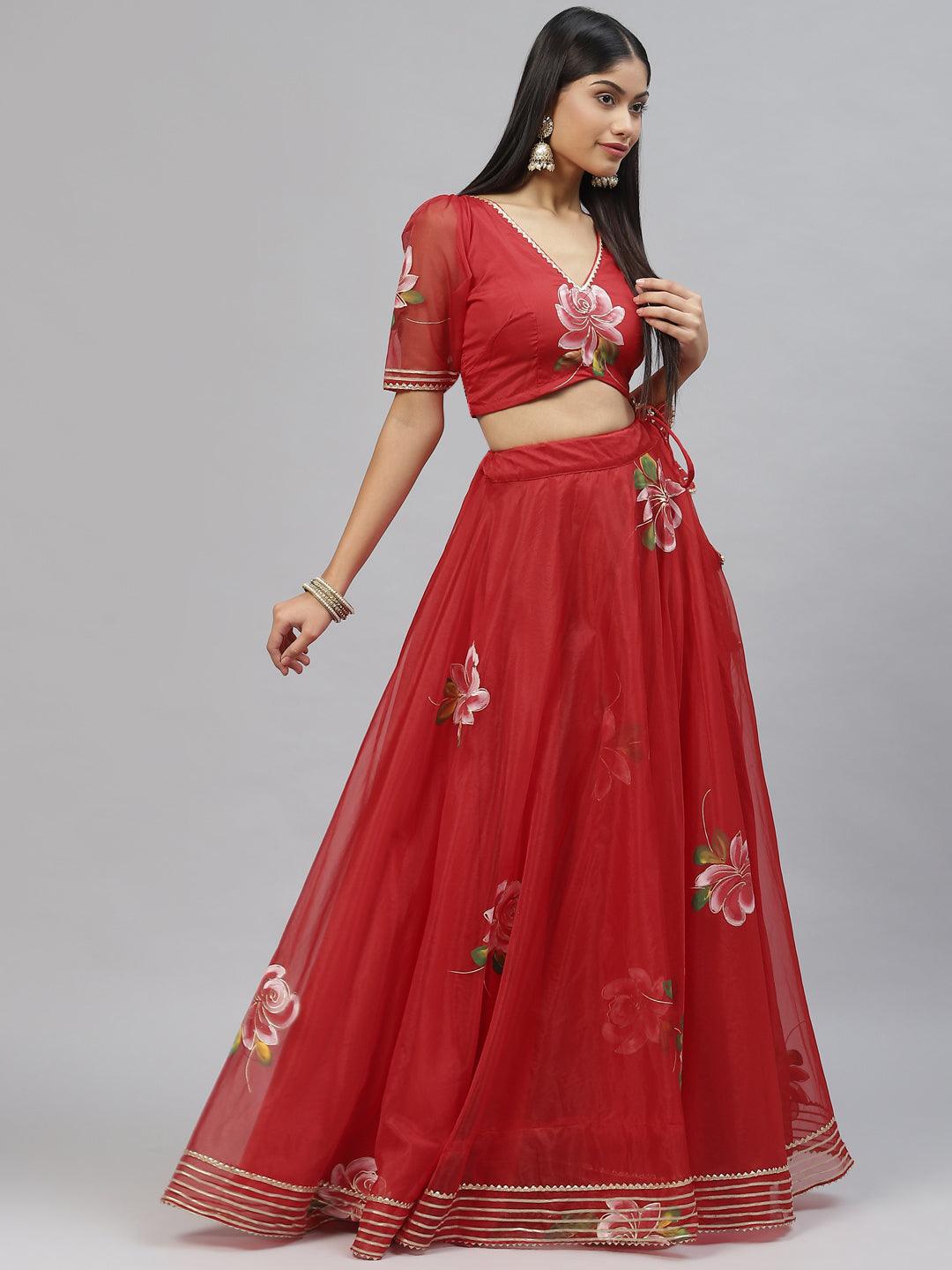  Red Hand Painted Organza Flared Lehenga Choli Set with Organza Dupatta -  world