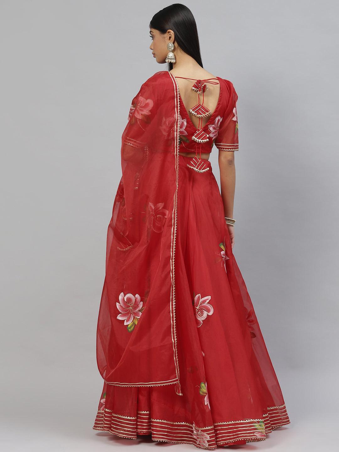 Red Hand Painted Organza Flared Lehenga Choli Set with Organza Dupatta -  world