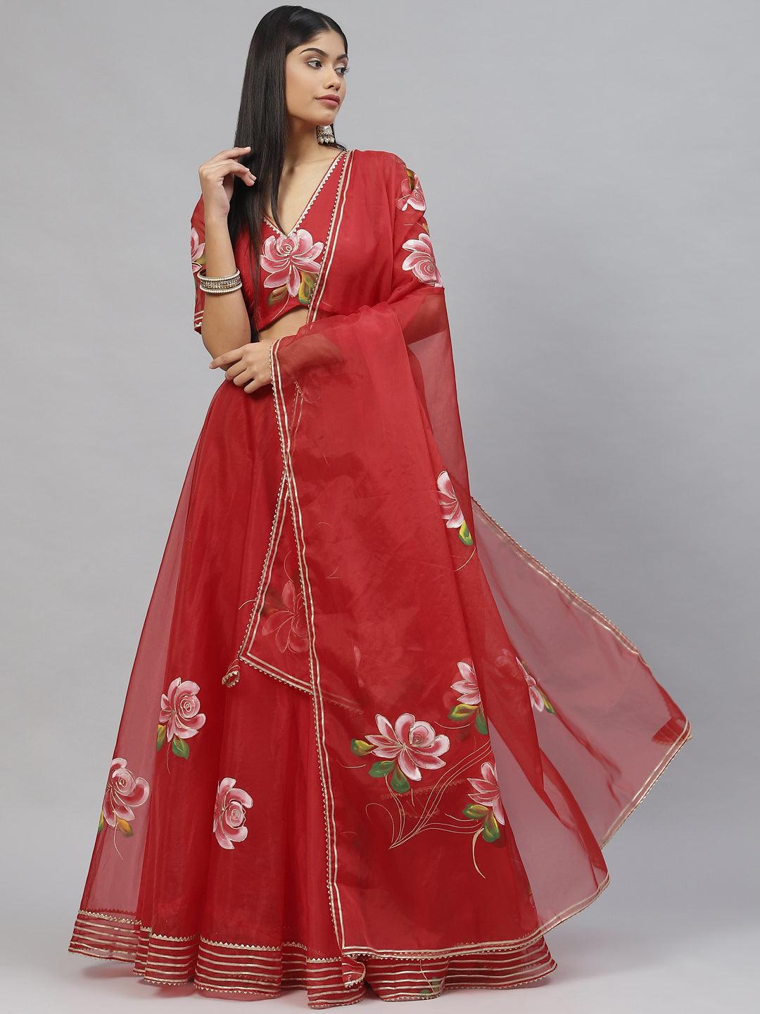  Red Hand Painted Organza Flared Lehenga Choli Set with Organza Dupatta -  world