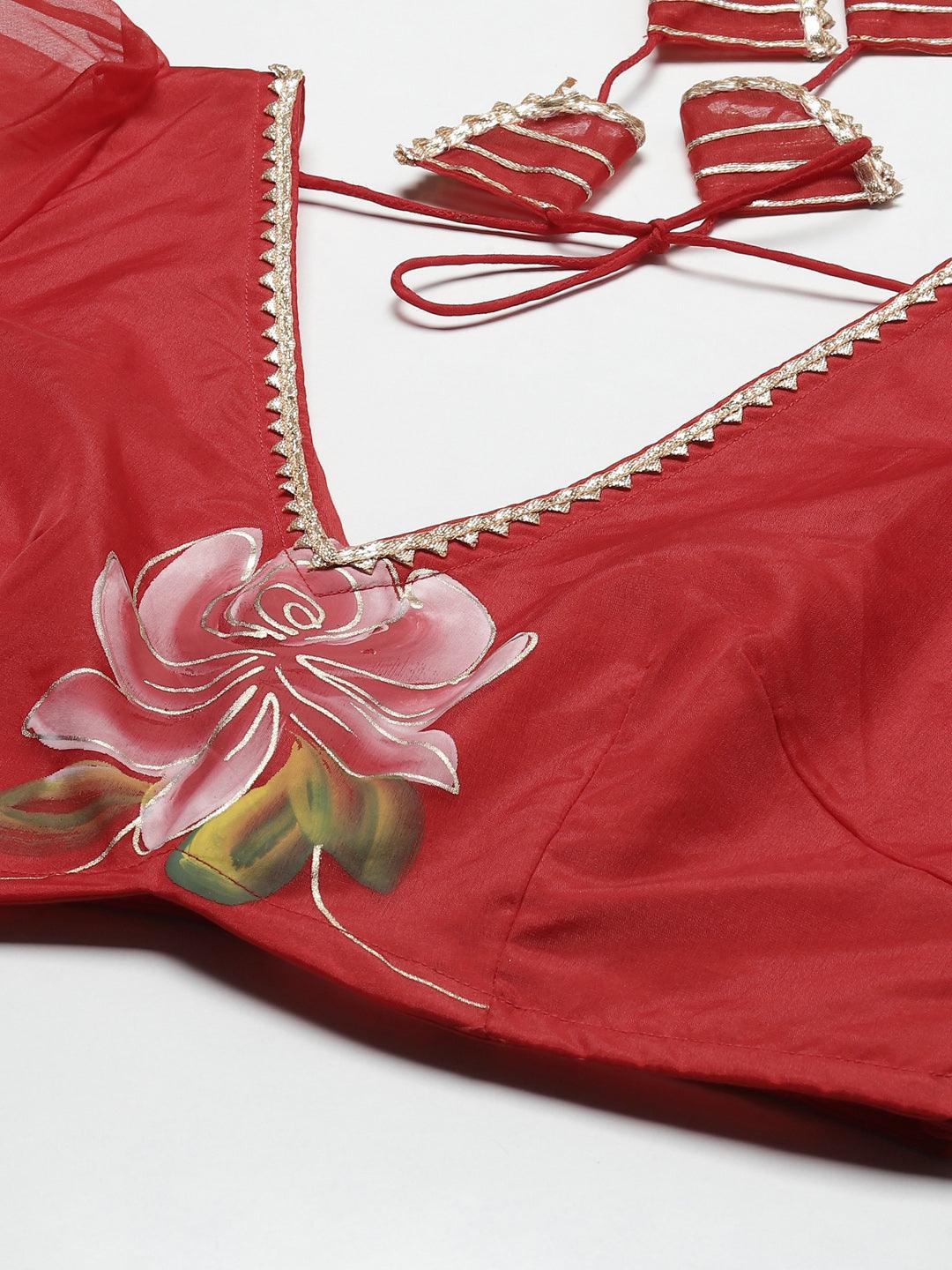  Red Hand Painted Organza Flared Lehenga Choli Set with Organza Dupatta -  world