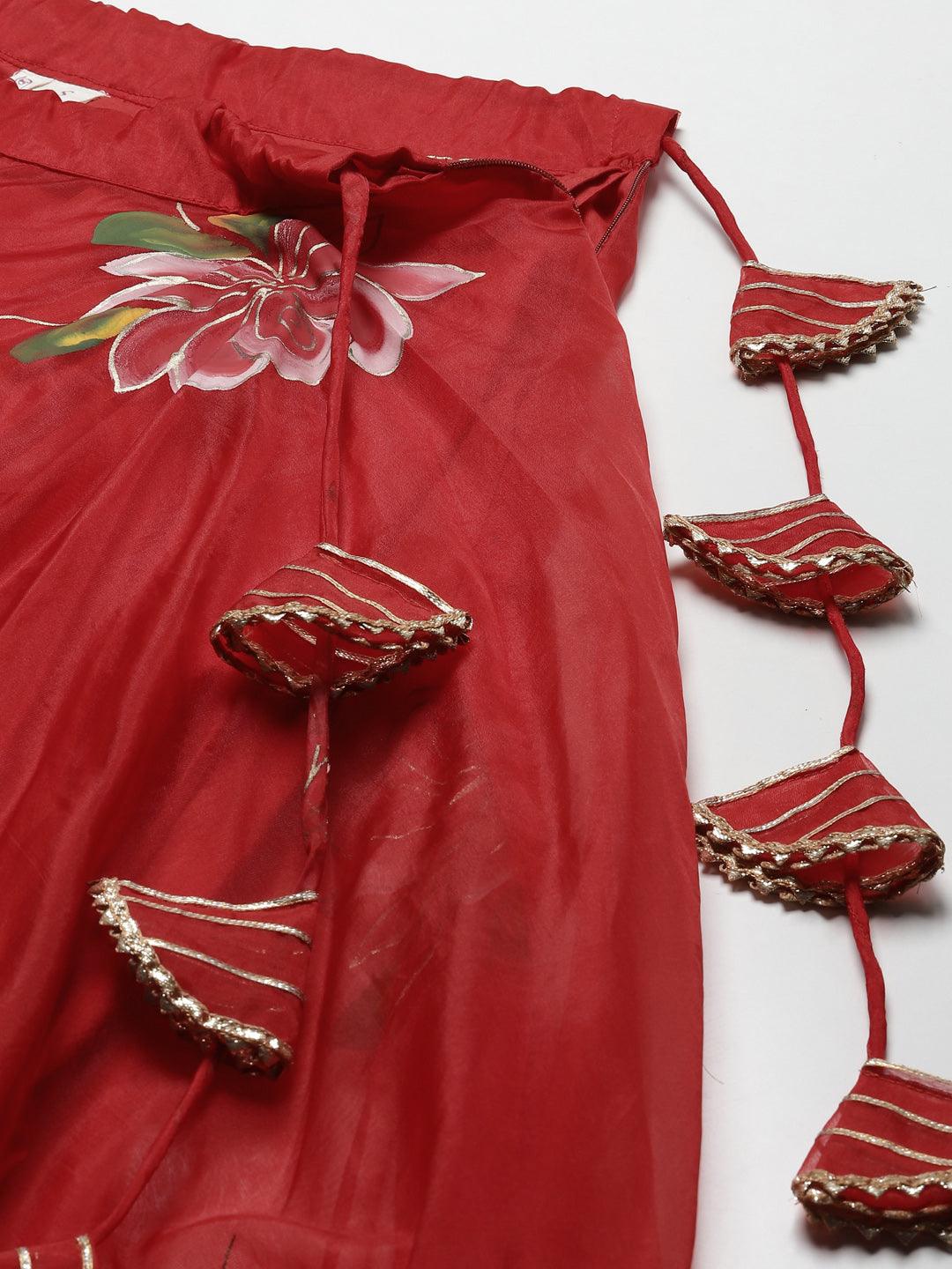  Red Hand Painted Organza Flared Lehenga Choli Set with Organza Dupatta -  world