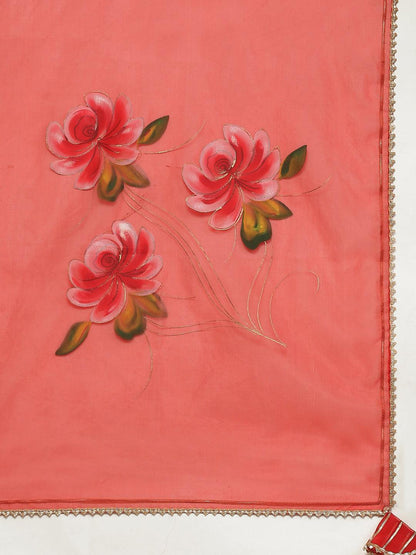  Red Hand Painted Organza Flared Lehenga Choli Set with Organza Dupatta -  world