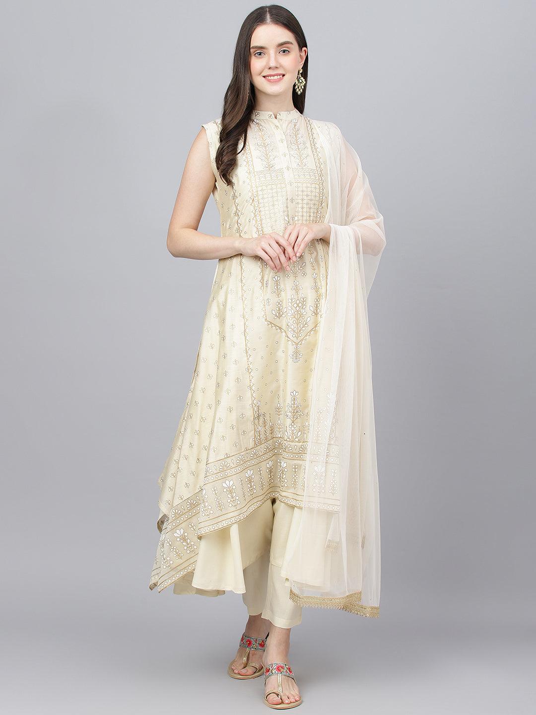  Cream Chanderi kurta Pant Set with Net Dupatta -  world