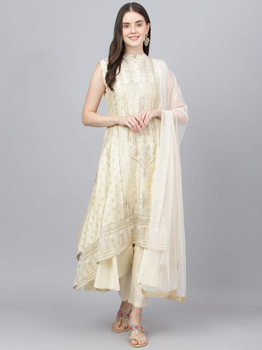  Cream Chanderi kurta Pant Set with Net Dupatta -  world