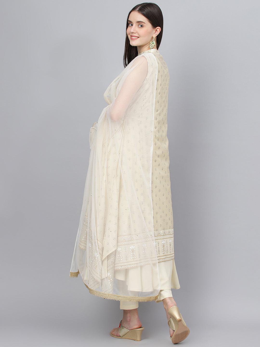  Cream Chanderi kurta Pant Set with Net Dupatta -  world