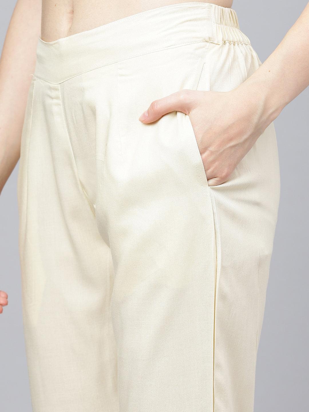  Cream Chanderi kurta Pant Set with Net Dupatta -  world