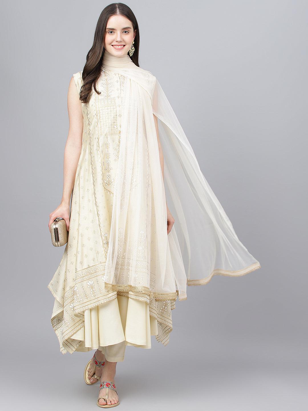  Cream Chanderi kurta Pant Set with Net Dupatta -  world