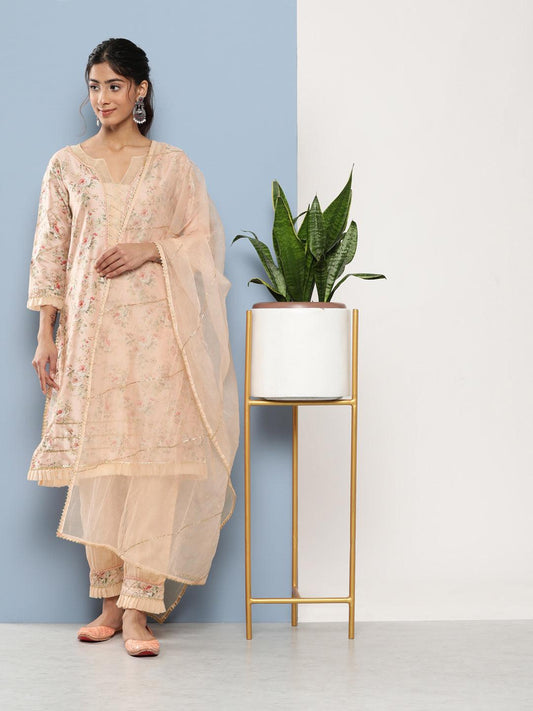  Poly Chanderi floral Printed Kurta Pant Set with Organza Dupatta -  world