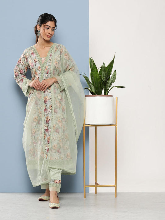  Poly Chanderi Floral Printed Kurta Pant Set with Organza Dupatta -  world
