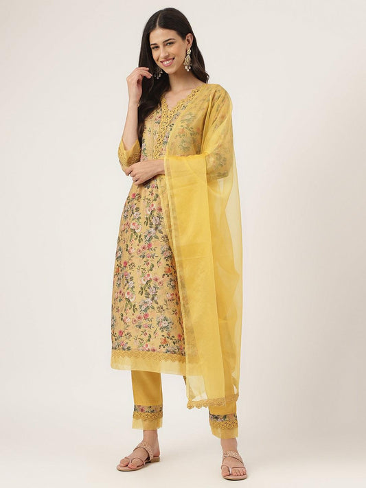  Poly Chanderi Floral Printed Kurta Pant Set with Organza Dupatta -  world