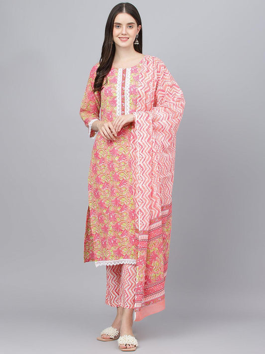  Peach Floral Printed Kurta Pant set With Dupatta -  world