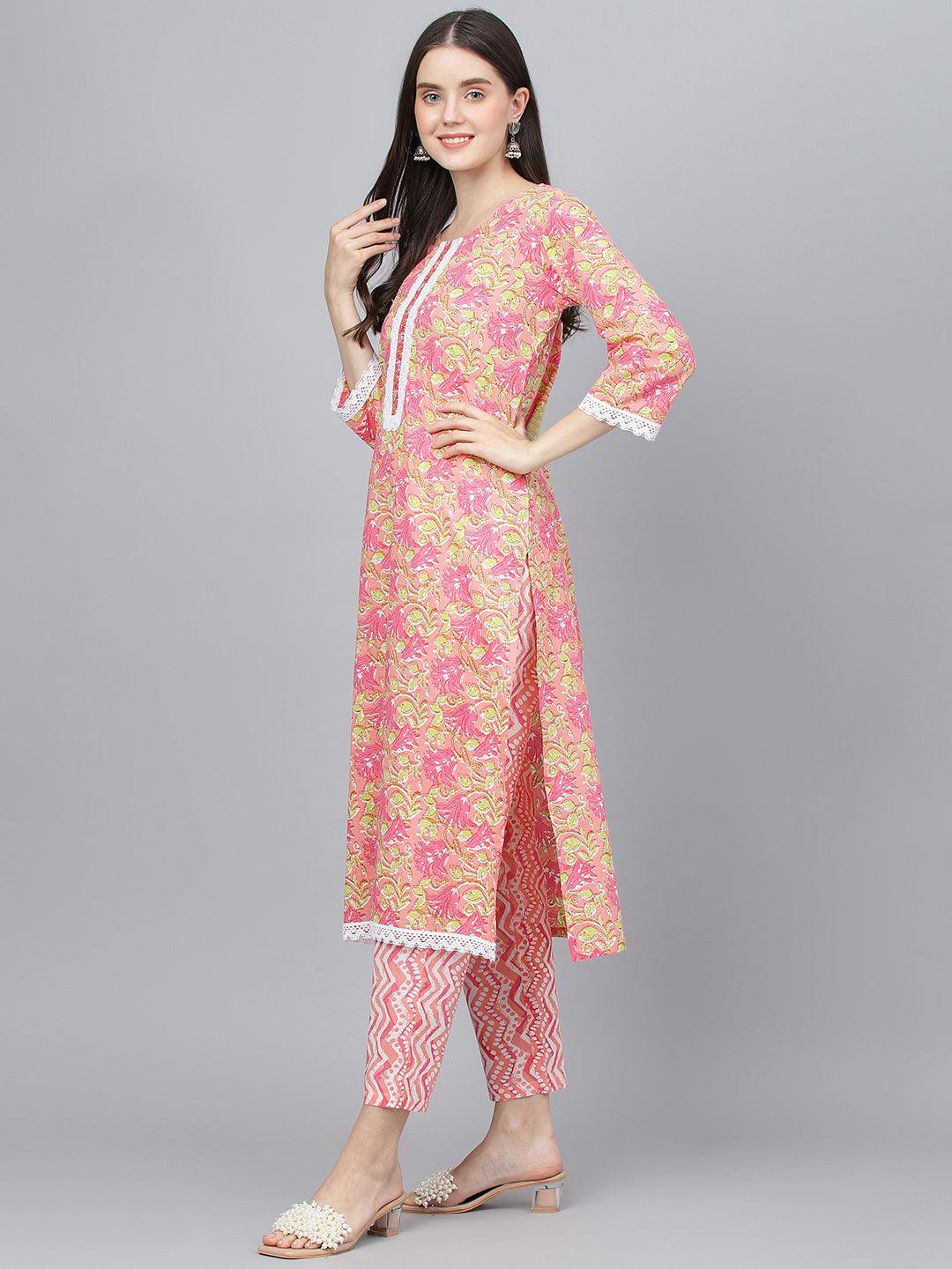  Peach Floral Printed Kurta Pant set With Dupatta -  world