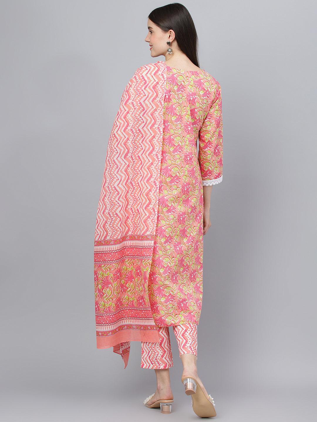  Peach Floral Printed Kurta Pant set With Dupatta -  world