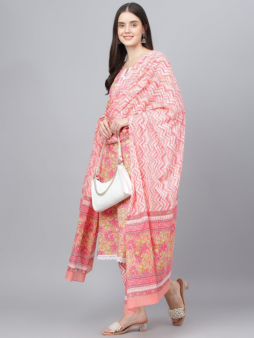  Peach Floral Printed Kurta Pant set With Dupatta -  world