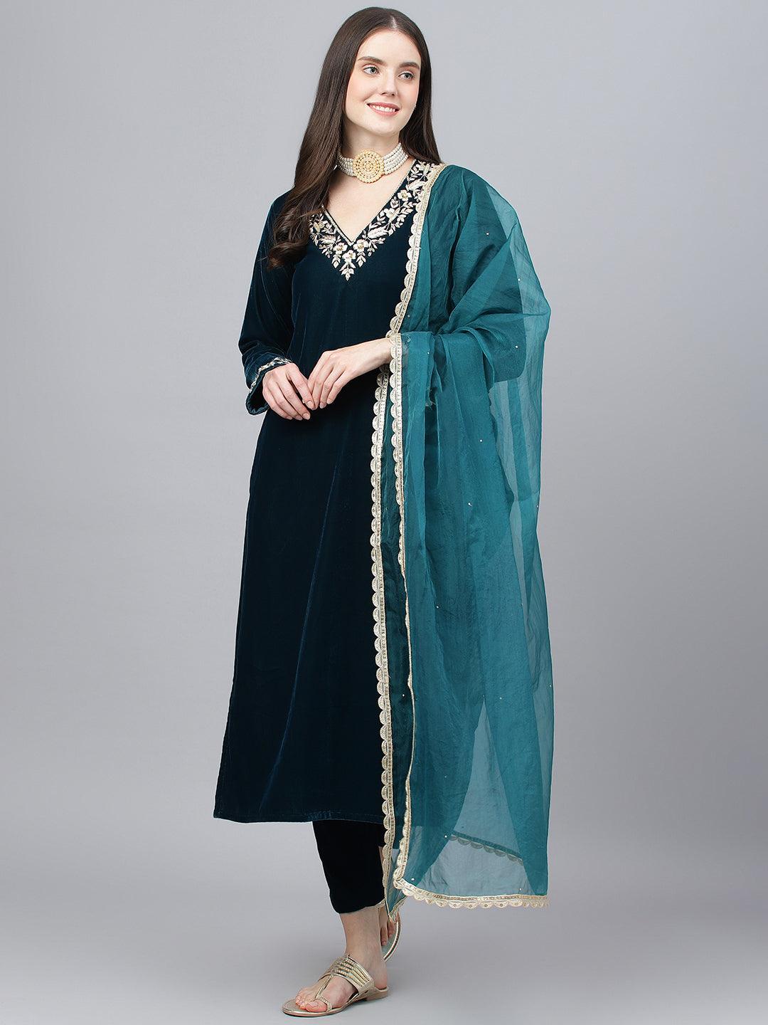  Teal Green Velvet hand work Kurta pant With Organza Dupatta set -  world