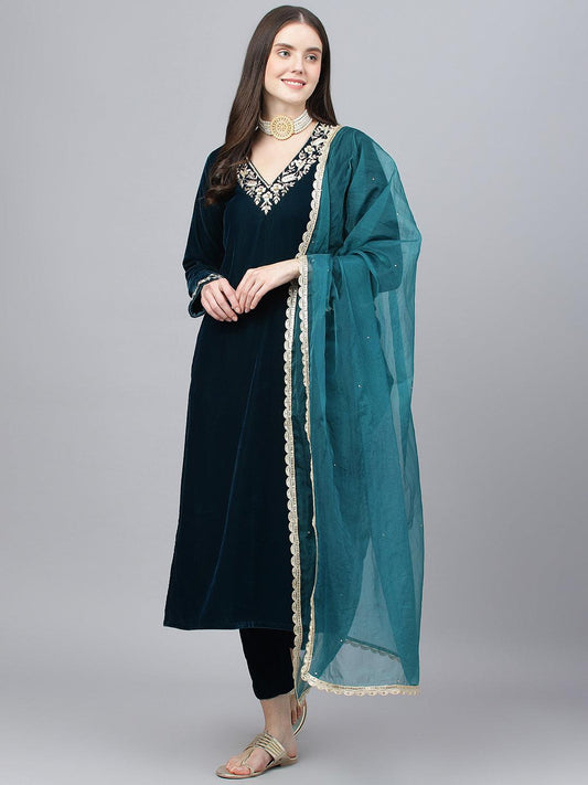  Teal Green Velvet hand work Kurta pant With Organza Dupatta set -  world