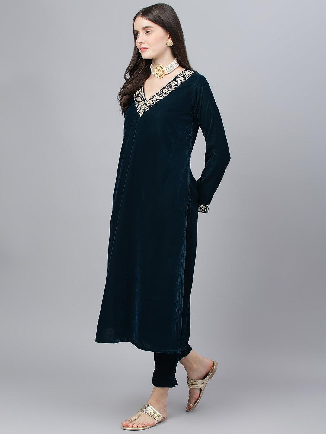  Teal Green Velvet hand work Kurta pant With Organza Dupatta set -  world