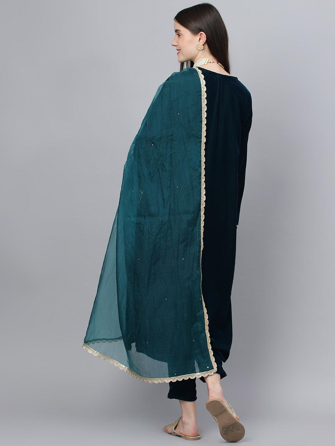  Teal Green Velvet hand work Kurta pant With Organza Dupatta set -  world