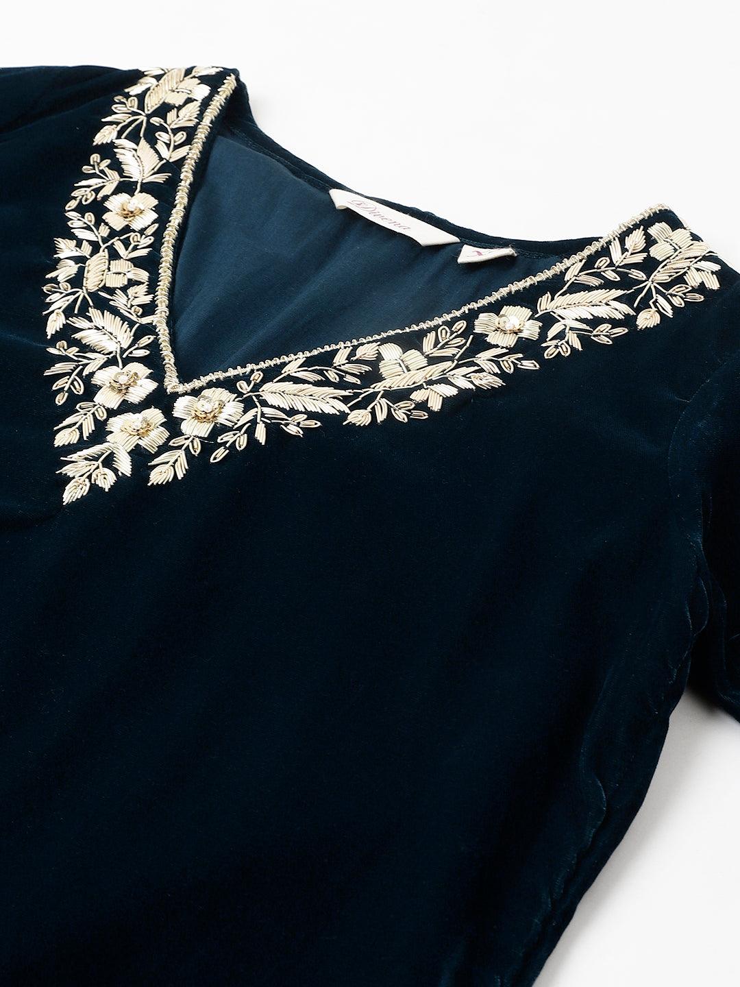  Teal Green Velvet hand work Kurta pant With Organza Dupatta set -  world