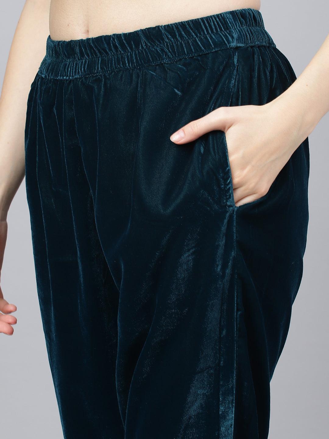  Teal Green Velvet hand work Kurta pant With Organza Dupatta set -  world