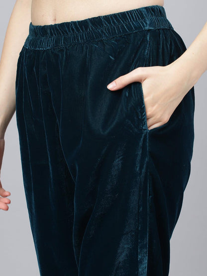  Teal Green Velvet hand work Kurta pant With Organza Dupatta set -  world
