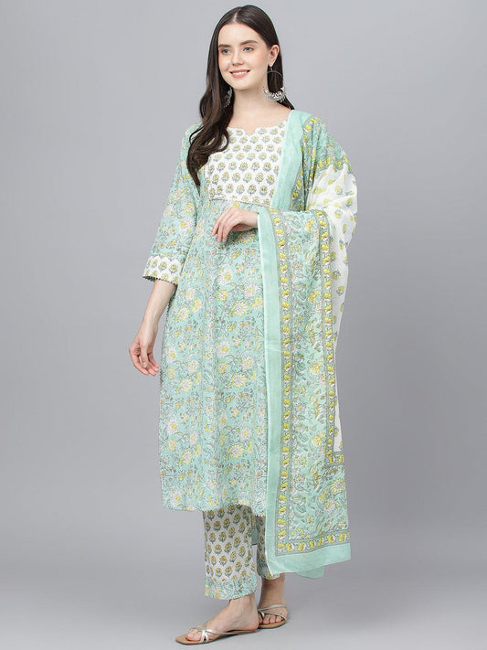  Mint Green Floral Printed Kurta Pant set With Dupatta -  world