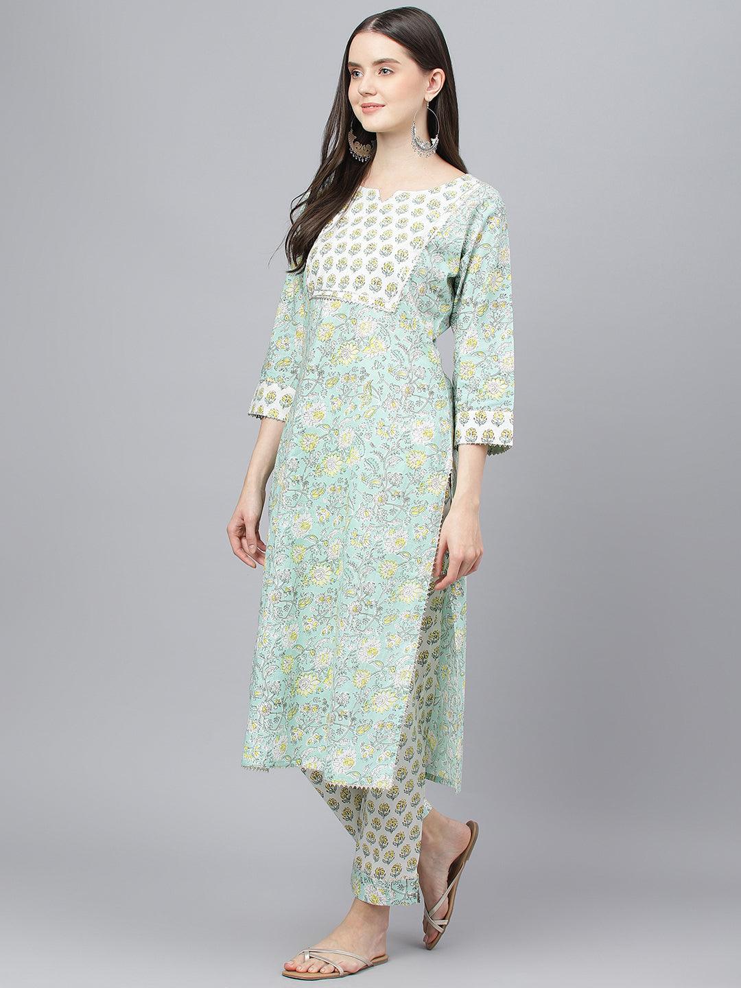  Mint Green Floral Printed Kurta Pant set With Dupatta -  world