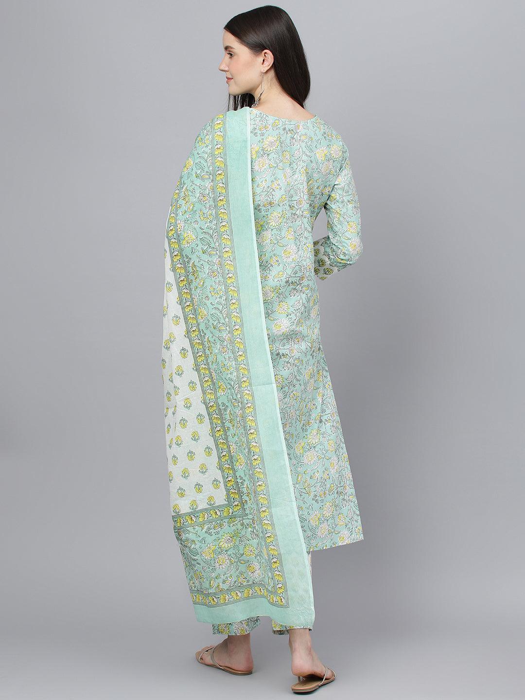  Mint Green Floral Printed Kurta Pant set With Dupatta -  world
