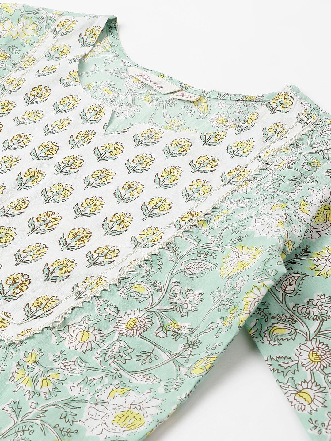  Mint Green Floral Printed Kurta Pant set With Dupatta -  world