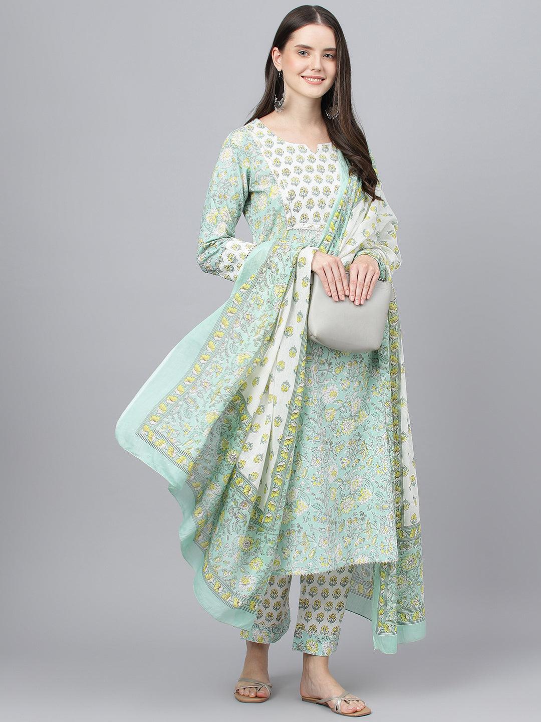  Mint Green Floral Printed Kurta Pant set With Dupatta -  world