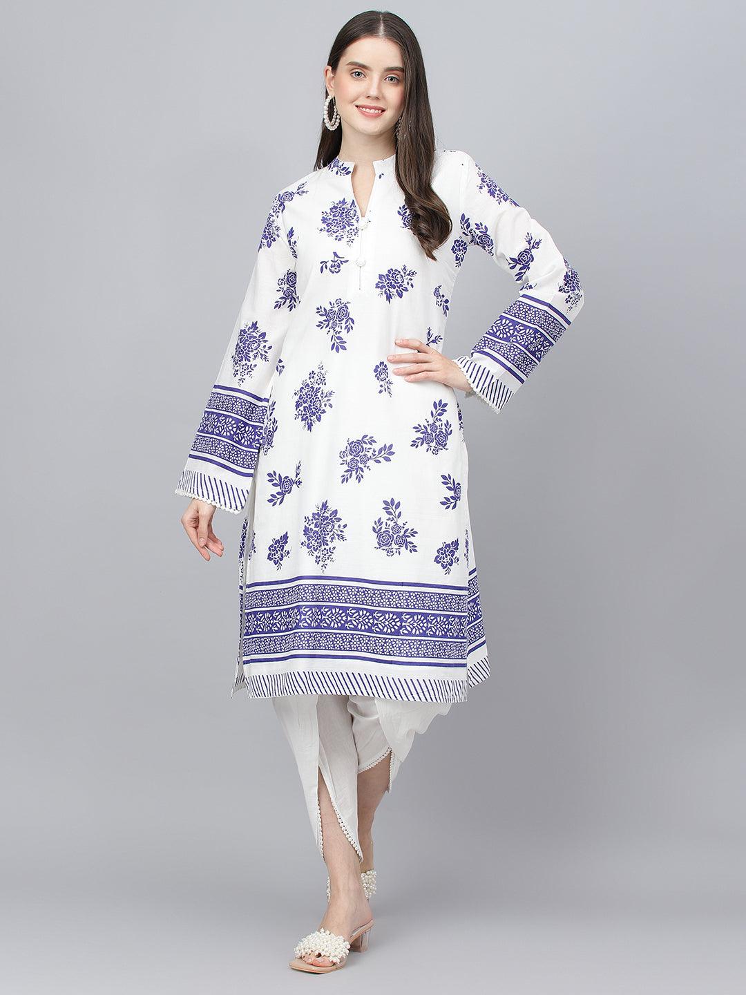  White Floral Printed Straight Kurta With tulip pant -  world