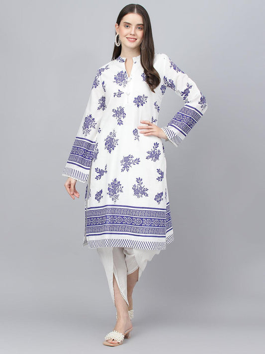  White Floral Printed Straight Kurta With tulip pant -  world