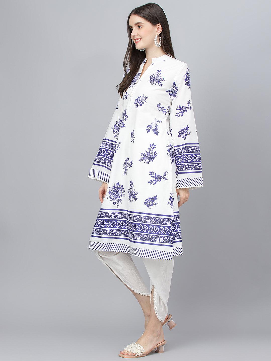  White Floral Printed Straight Kurta With tulip pant -  world