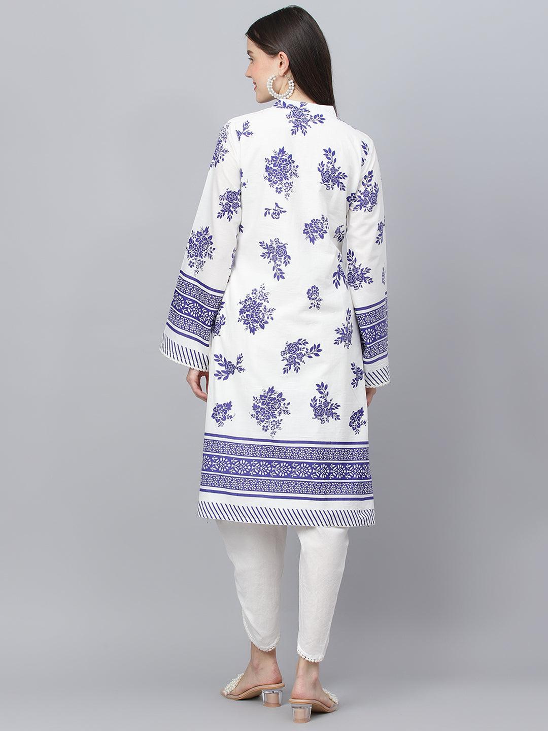  White Floral Printed Straight Kurta With tulip pant -  world