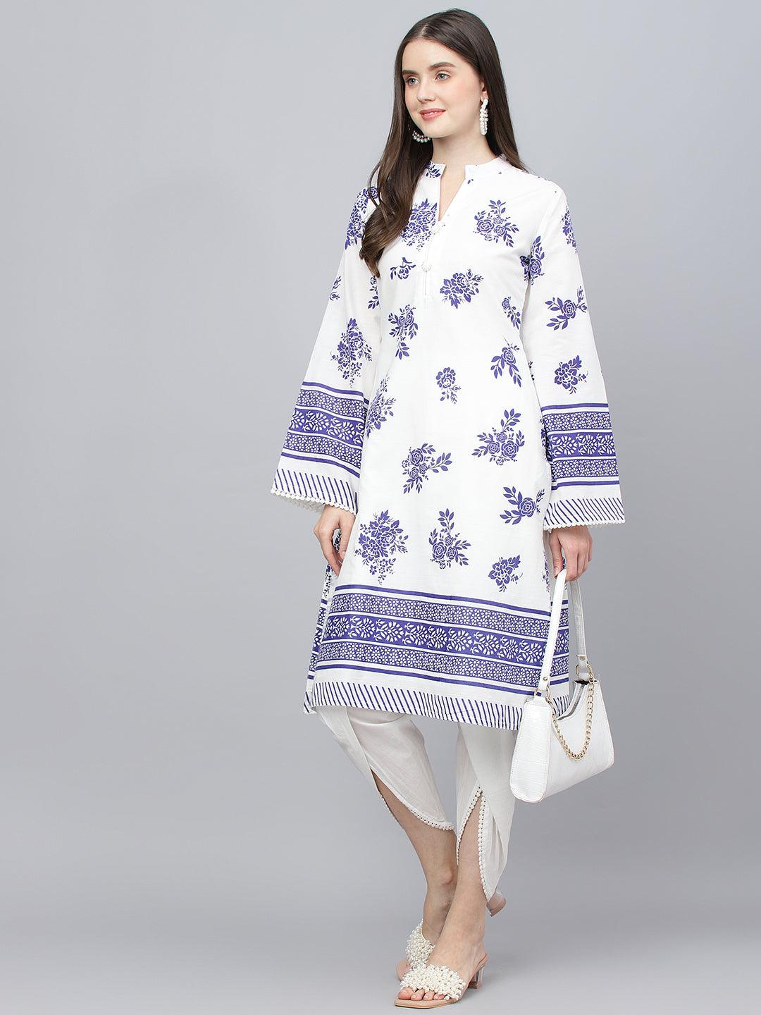  White Floral Printed Straight Kurta With tulip pant -  world