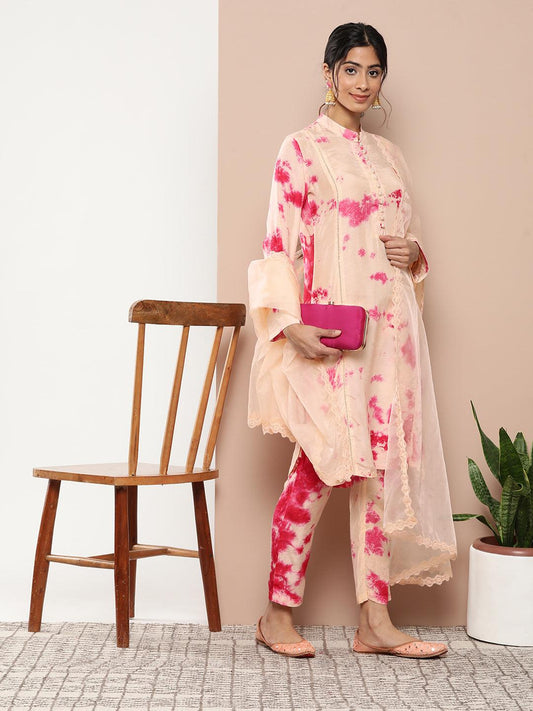  Muslin Tie and dye Printed Kurta Pant Set with Organza Dupatta -  world