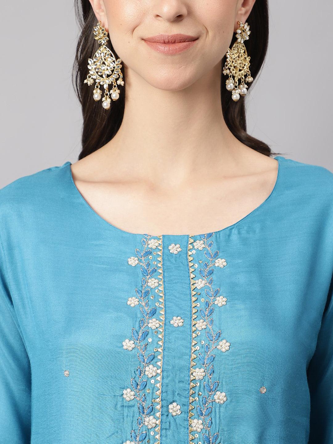  Teal Blue Muslin Embroidery Kurta pant Set with Organza Dupatta -  world