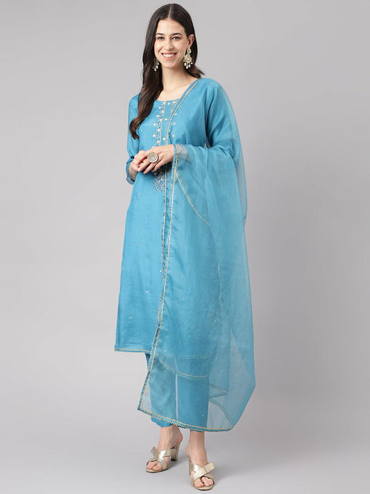  Teal Blue Muslin Embroidery Kurta pant Set with Organza Dupatta -  world
