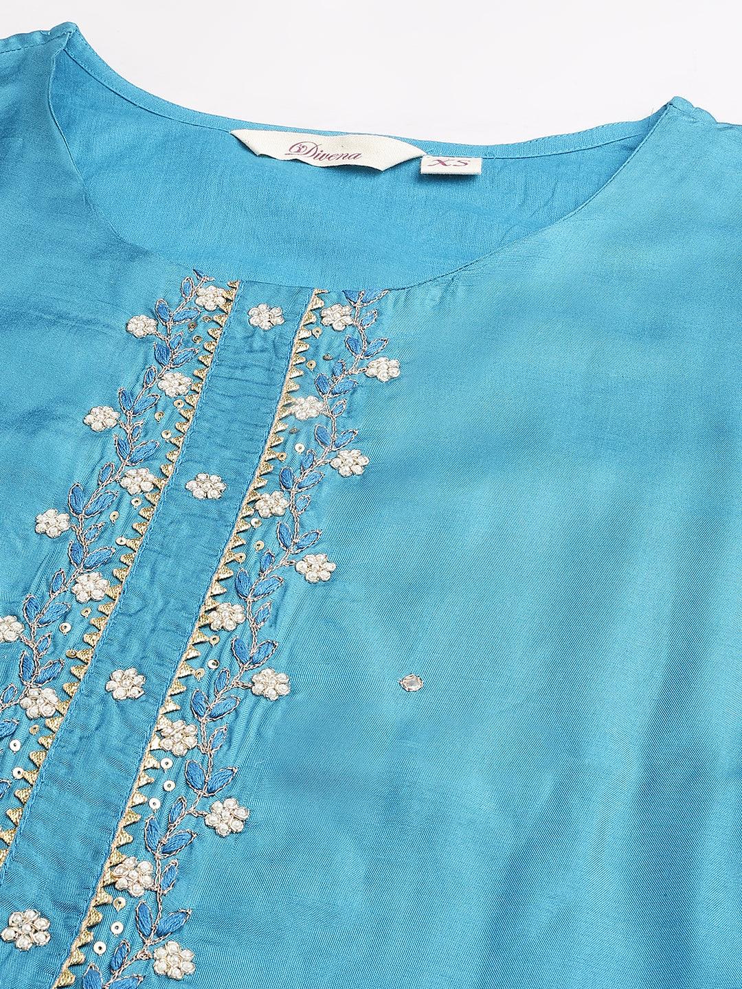  Teal Blue Muslin Embroidery Kurta pant Set with Organza Dupatta -  world