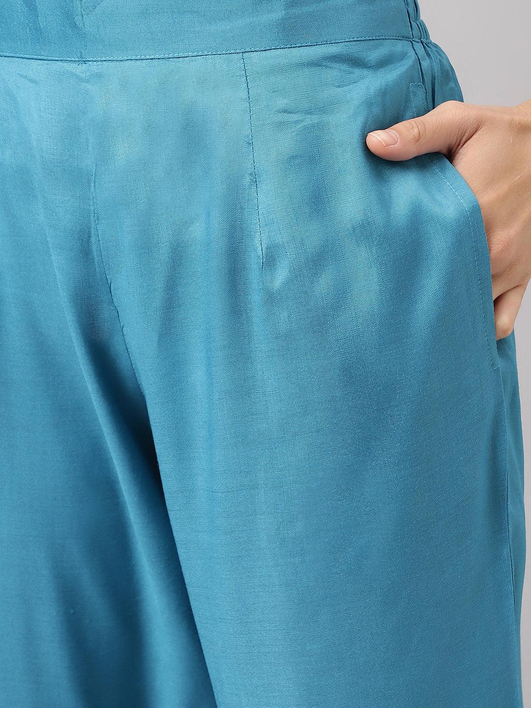  Teal Blue Muslin Embroidery Kurta pant Set with Organza Dupatta -  world