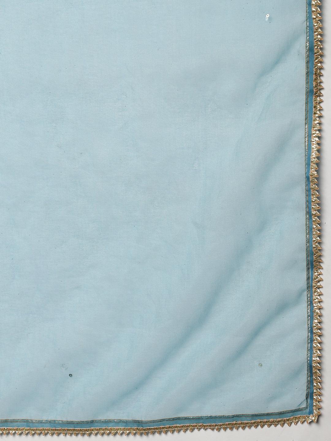  Teal Blue Muslin Embroidery Kurta pant Set with Organza Dupatta -  world