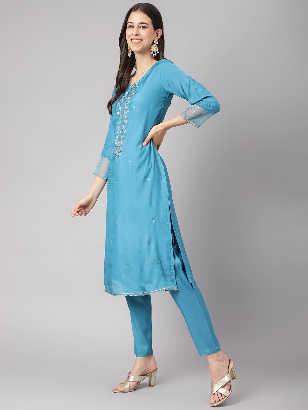  Teal Blue Muslin Embroidery Kurta pant Set with Organza Dupatta -  world