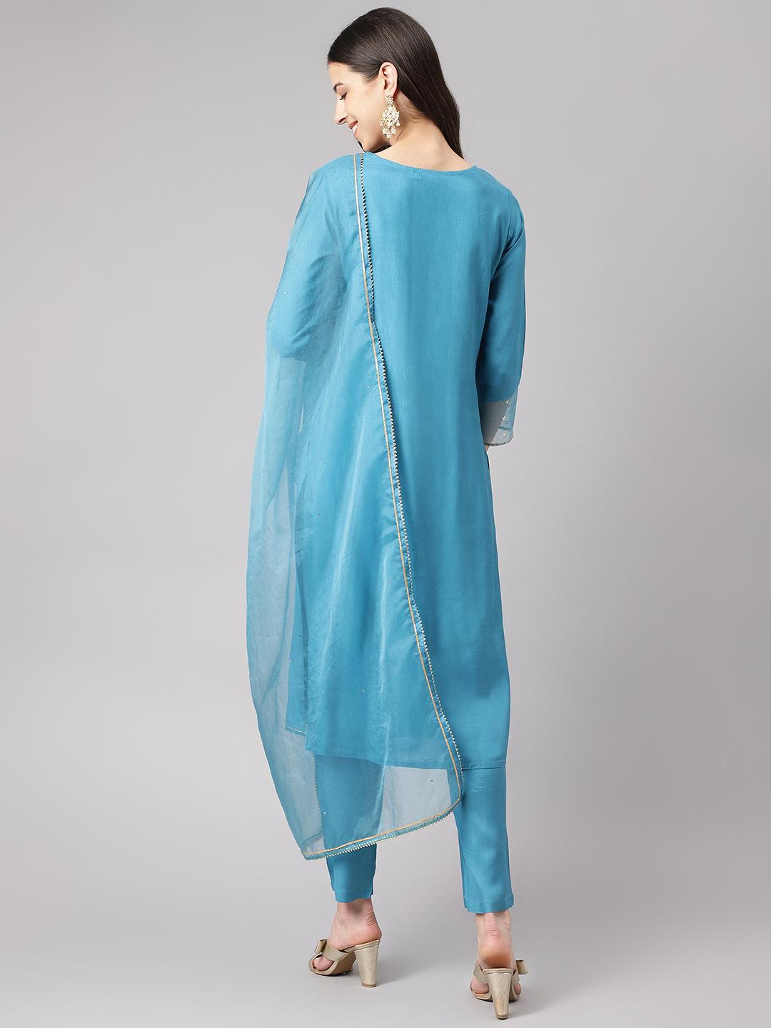 Teal Blue Muslin Embroidery Kurta pant Set with Organza Dupatta -  world