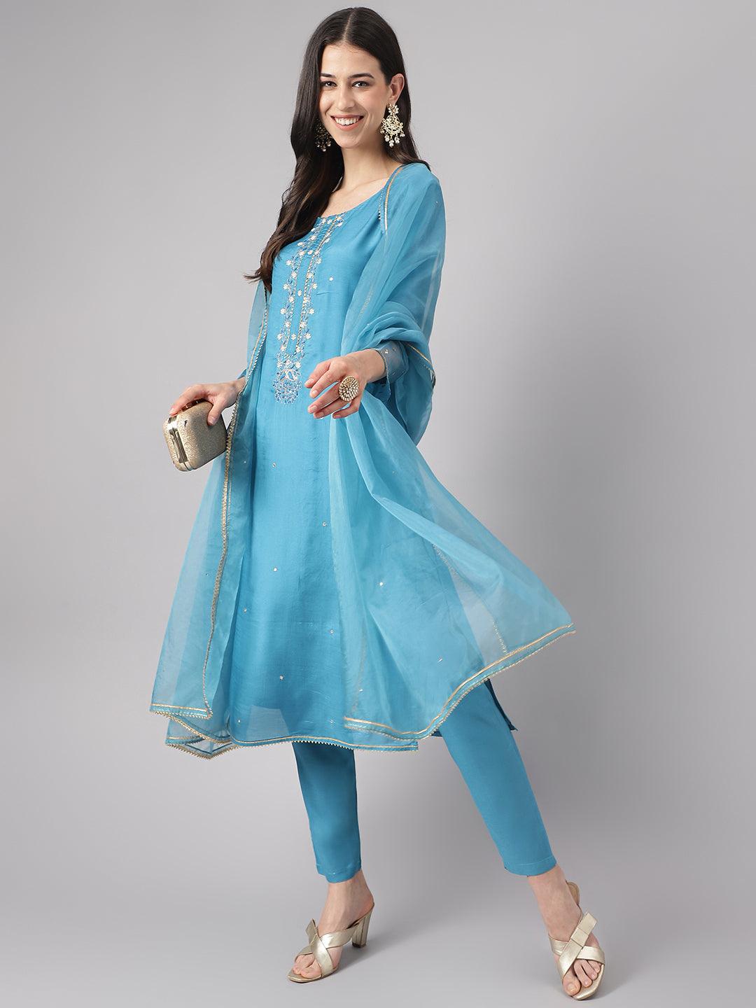  Teal Blue Muslin Embroidery Kurta pant Set with Organza Dupatta -  world