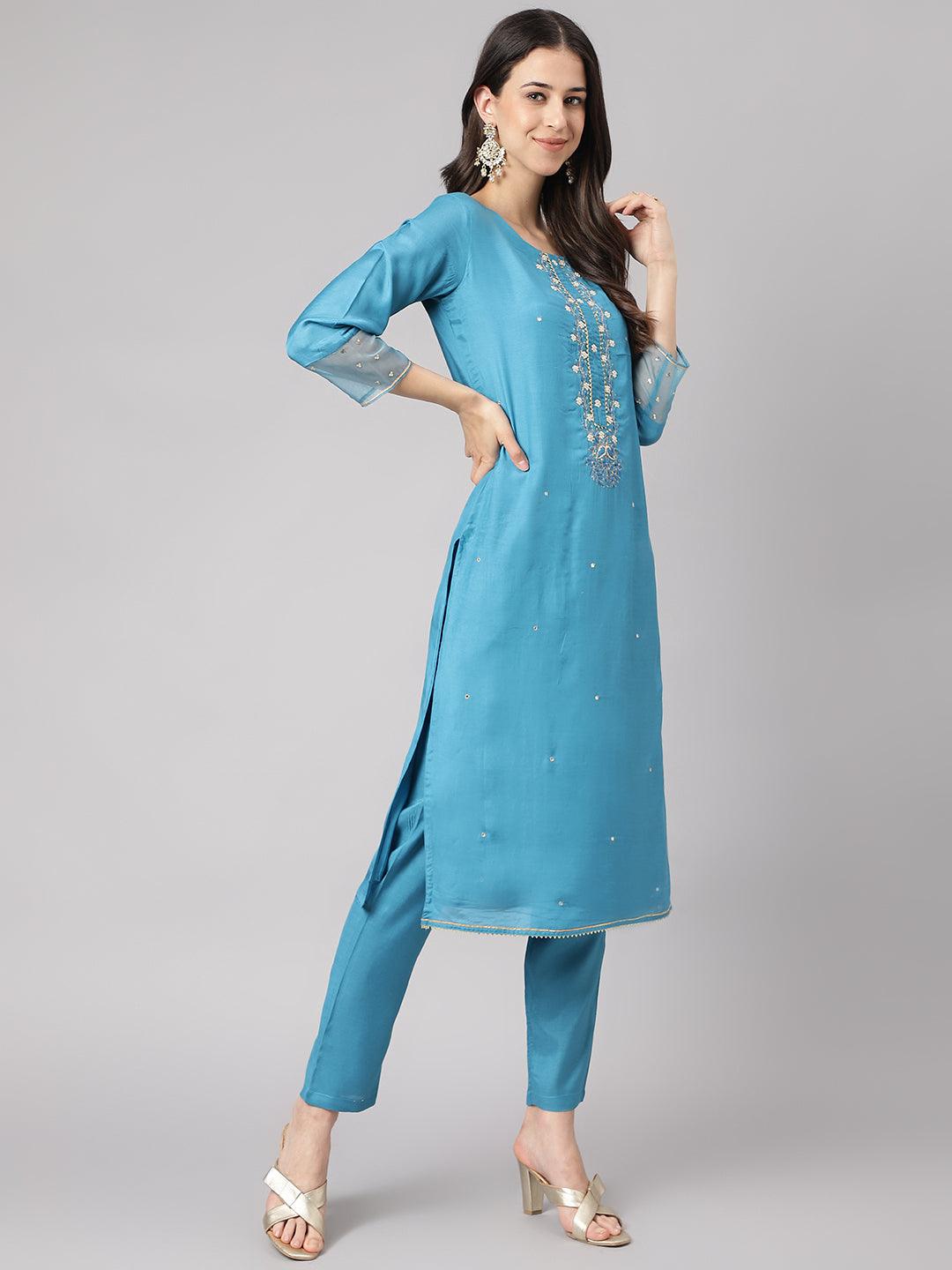  Teal Blue Muslin Embroidery Kurta pant Set with Organza Dupatta -  world