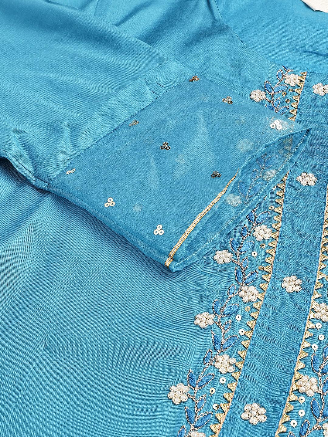  Teal Blue Muslin Embroidery Kurta pant Set with Organza Dupatta -  world