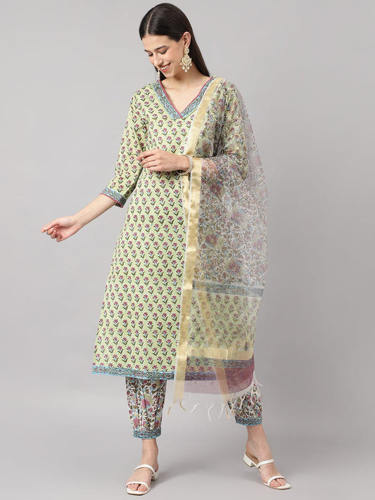  Green and white Cotton Hand Block Printed Kurta Pant set with Dupatta -  world