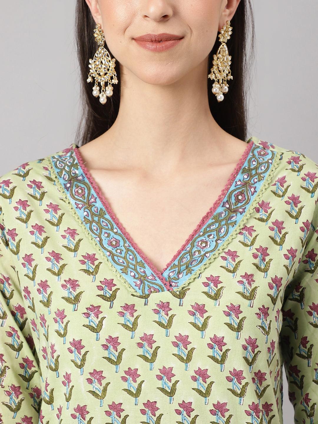  Green and white Cotton Hand Block Printed Kurta Pant set with Dupatta -  world