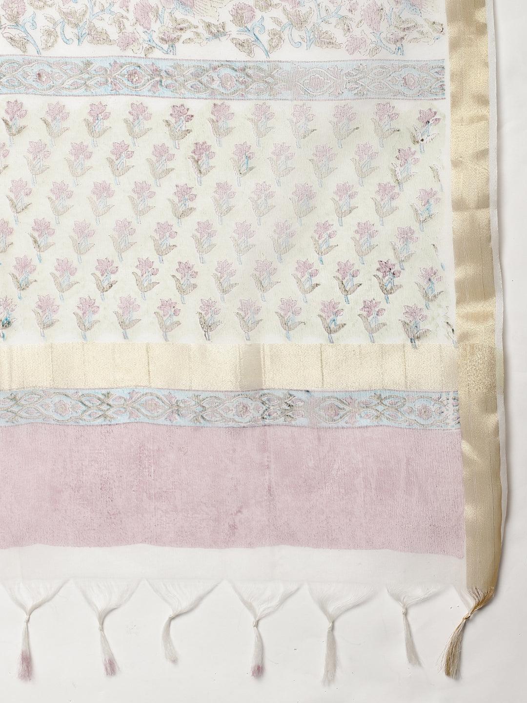  Green and white Cotton Hand Block Printed Kurta Pant set with Dupatta -  world